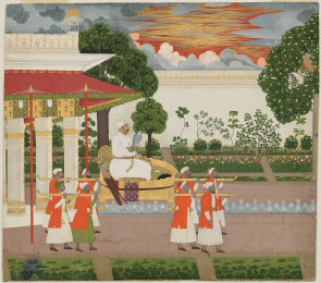 Chitarman_II,_Emperor_Muhammad_Shah_with_Falcon_Viewing_his_Garden_at_Sunset_from_a_Palanquin_ca_1730_Metmuseum
