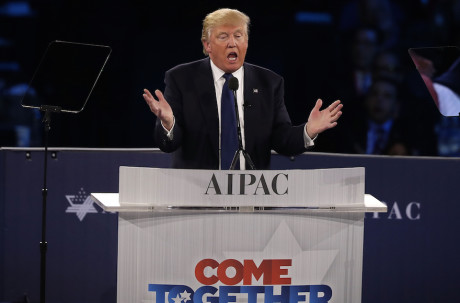 WASHINGTON, DC - MARCH 21:  Republican presidential candidate Donald Trump addresses the annual policy conference of the American Israel Public Affairs Committee (AIPAC) March 21, 2016 in Washington, DC. Presidential candidates from both parties gathered in Washington to pitch their views on Israel.  (Photo by Alex Wong/Getty Images)