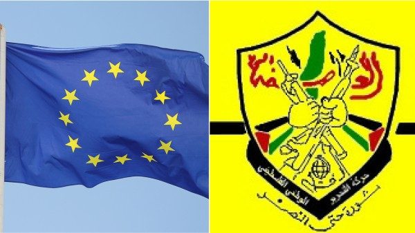 La bandiera di Fatah accanto a quella dell'Unione Europea
