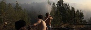 Youths spray water during a forest fire in Jerusalem
