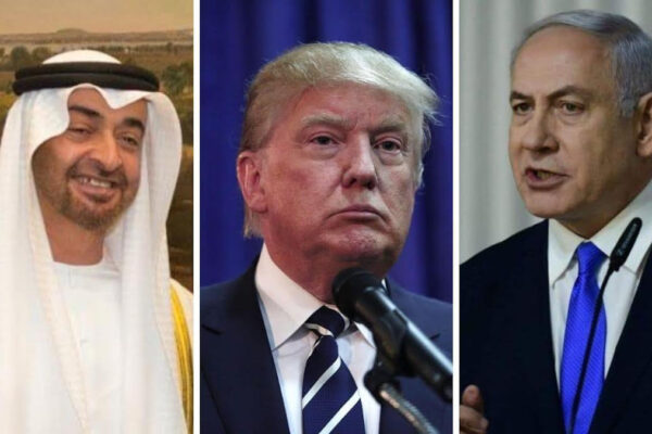 Da sinistra Mohamed Byn Zayed, Donald Trump e Beniamin Netanyahu