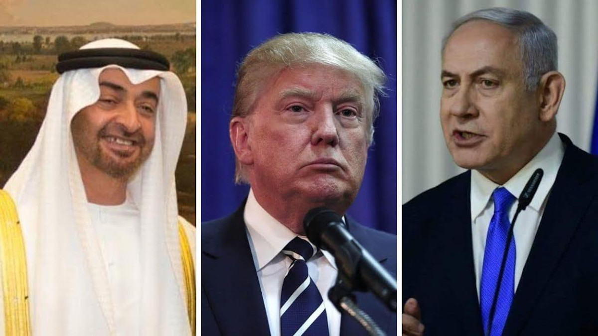 Da sinistra Mohamed Byn Zayed, Donald Trump e Beniamin Netanyahu