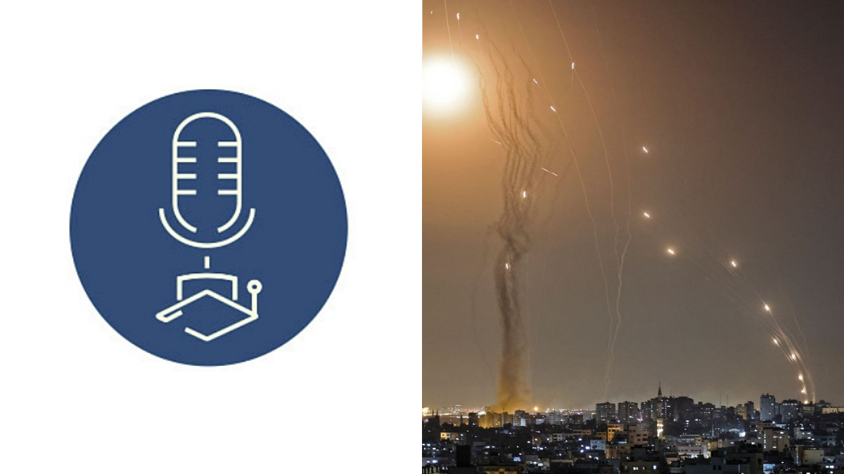 logo di radio statale e razzi su Israele