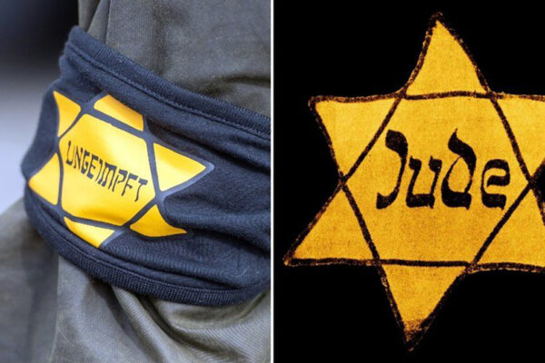 Stella gialla usata dai no vax (a sx) come quella degli ebrei durante il nazismo (a destra)