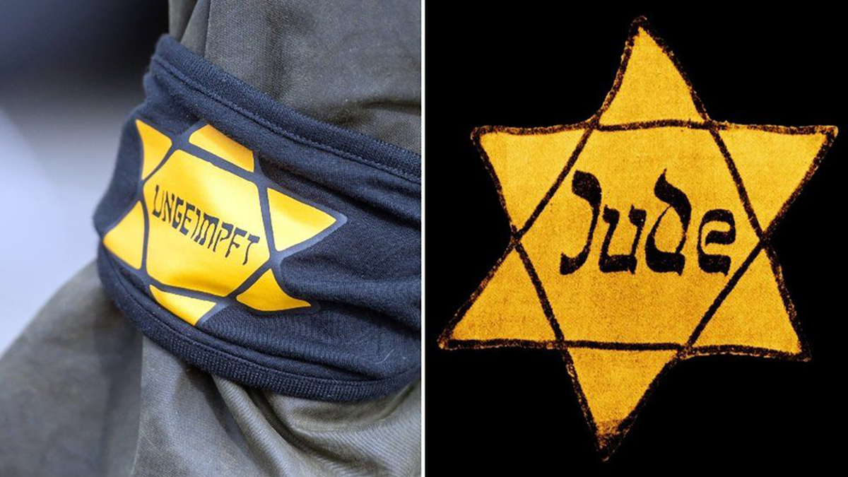 Stella gialla usata dai no vax (a sx) come quella degli ebrei durante il nazismo (a destra)