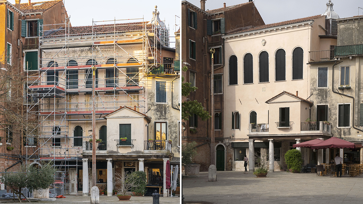 Sinagoga italiana di venzia prima (a sx) e dopo il restauro