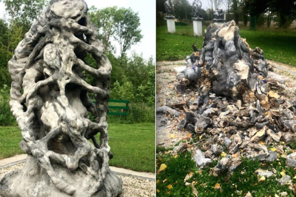 Statua di herzi prima e dopo essere stata distrutta