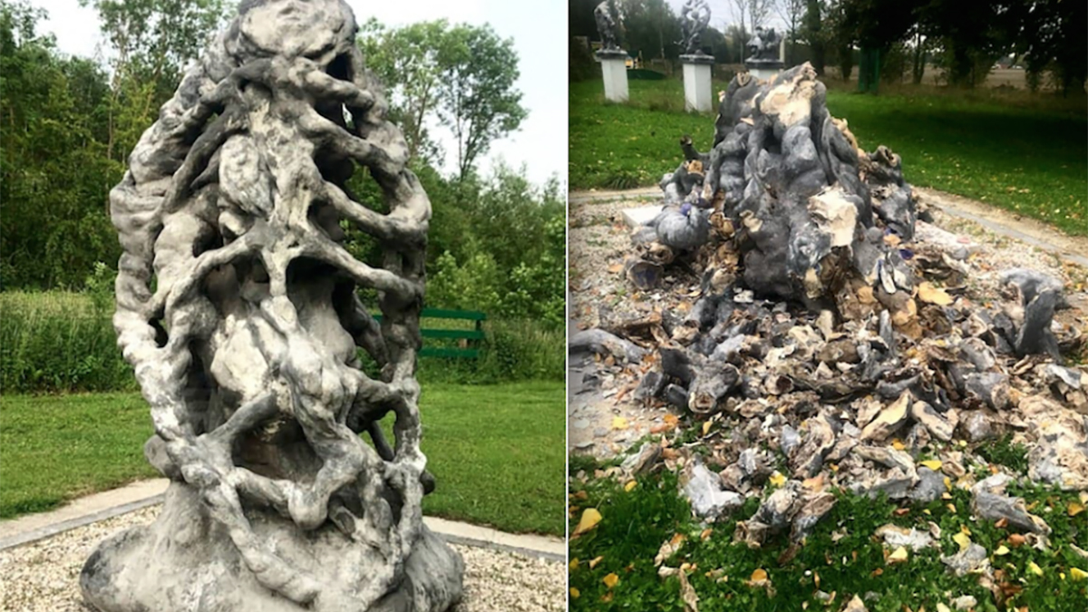 Statua di herzi prima e dopo essere stata distrutta