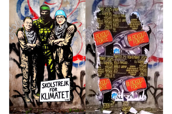 Murale vandalizzato di aleXsandro Palombo con Greta Thumberg e Francesca Albanese con un terrorista di Hamas