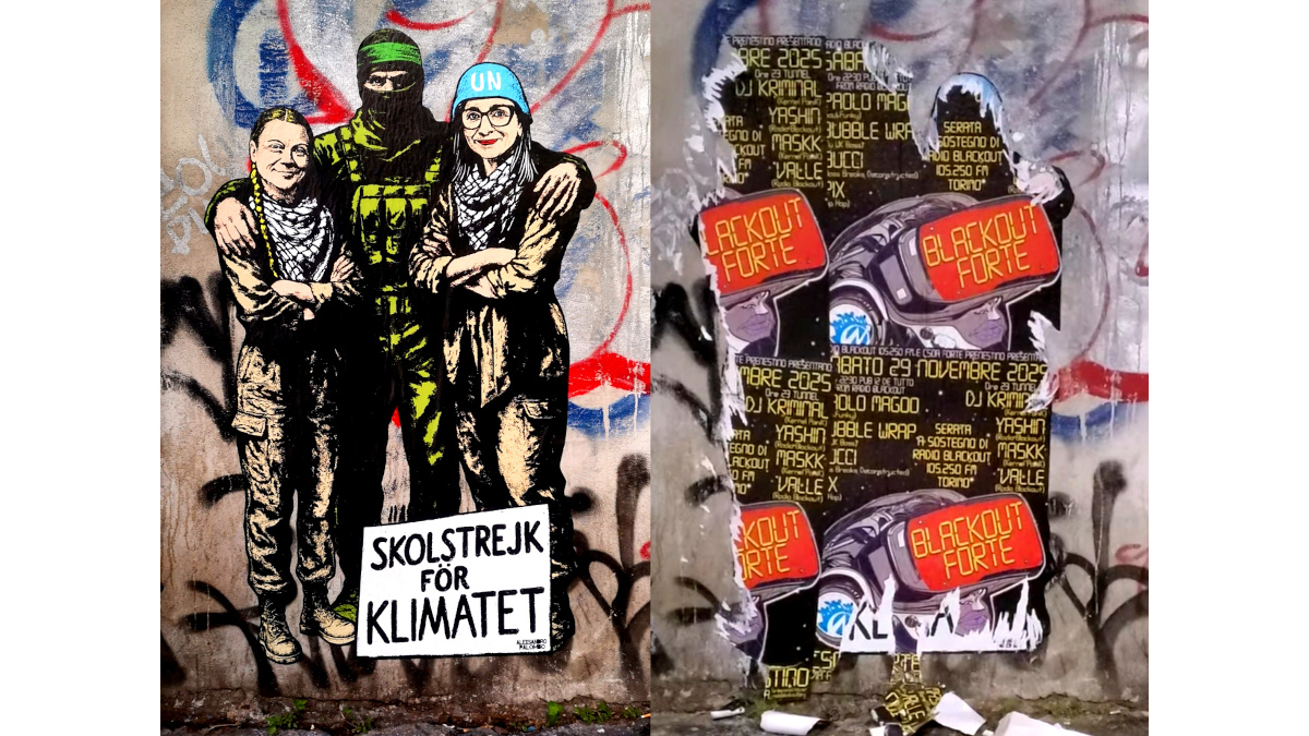 Murale vandalizzato di aleXsandro Palombo con Greta Thumberg e Francesca Albanese con un terrorista di Hamas