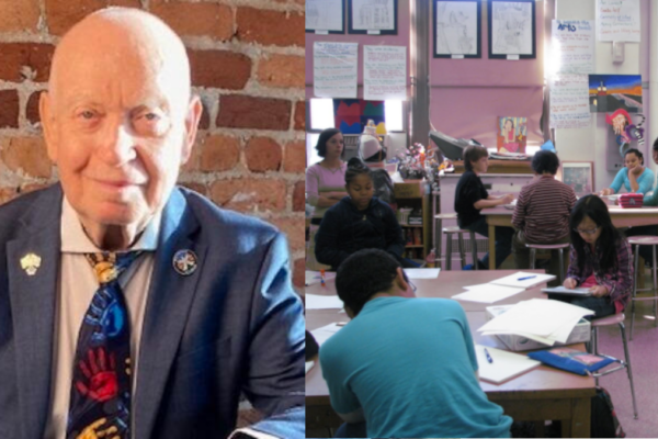 A sinistra il sopravvissuto Sami Steigmann, a destra una classe della scuola MS 447 di Brooklyn