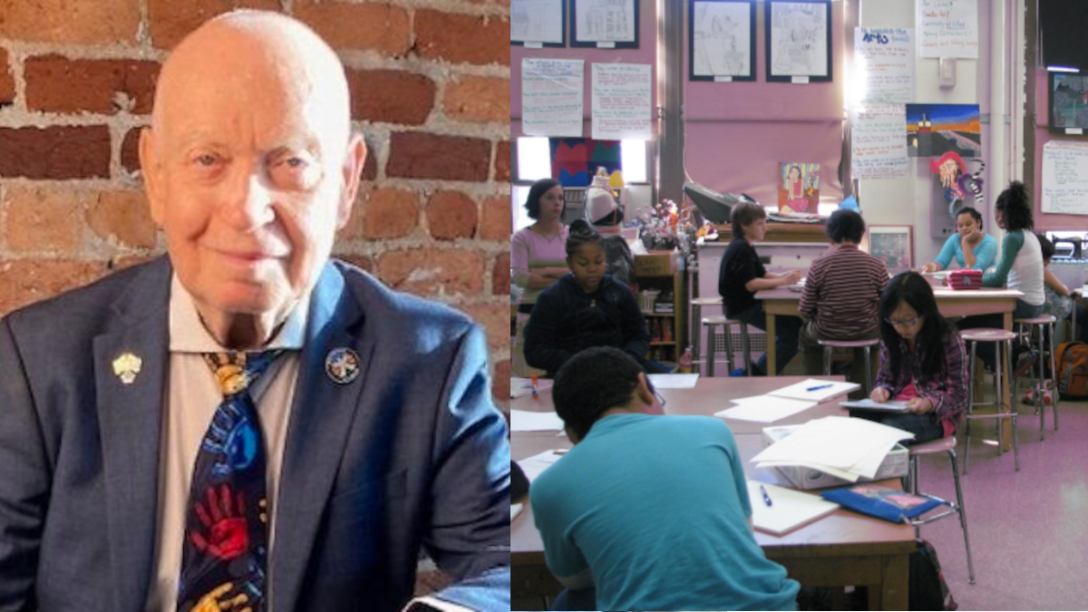 A sinistra il sopravvissuto Sami Steigmann, a destra una classe della scuola MS 447 di Brooklyn