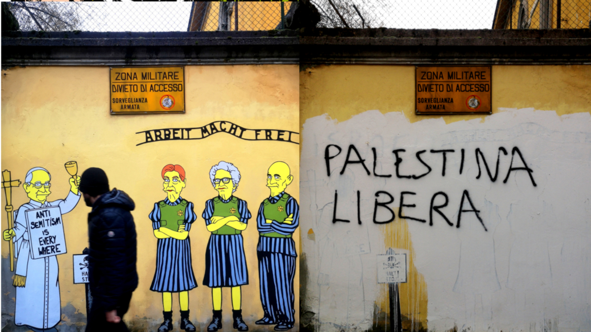 Opera di AlexSandro Palombo con Edith Bruck, Sami Modiano e Liliana Segre, a sinistra originale e a destra vandalizzata