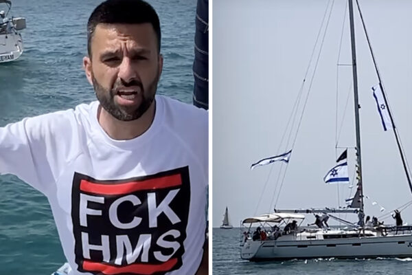 Da sinistra Joseph Haddad, e una nave della contro flottilla Hasbarà