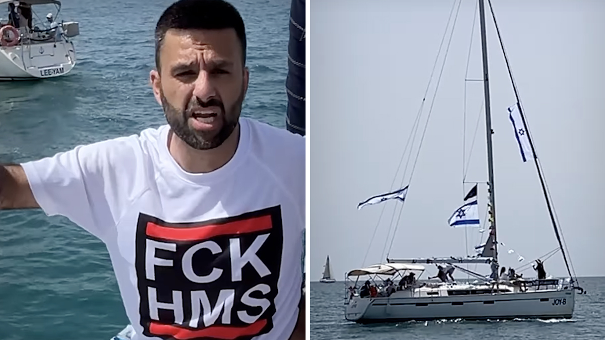 Da sinistra Joseph Haddad, e una nave della contro flottilla Hasbarà