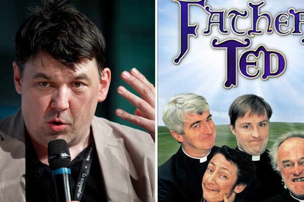 Da sinistra Graham Linenan e la locandina della serie Father Ted