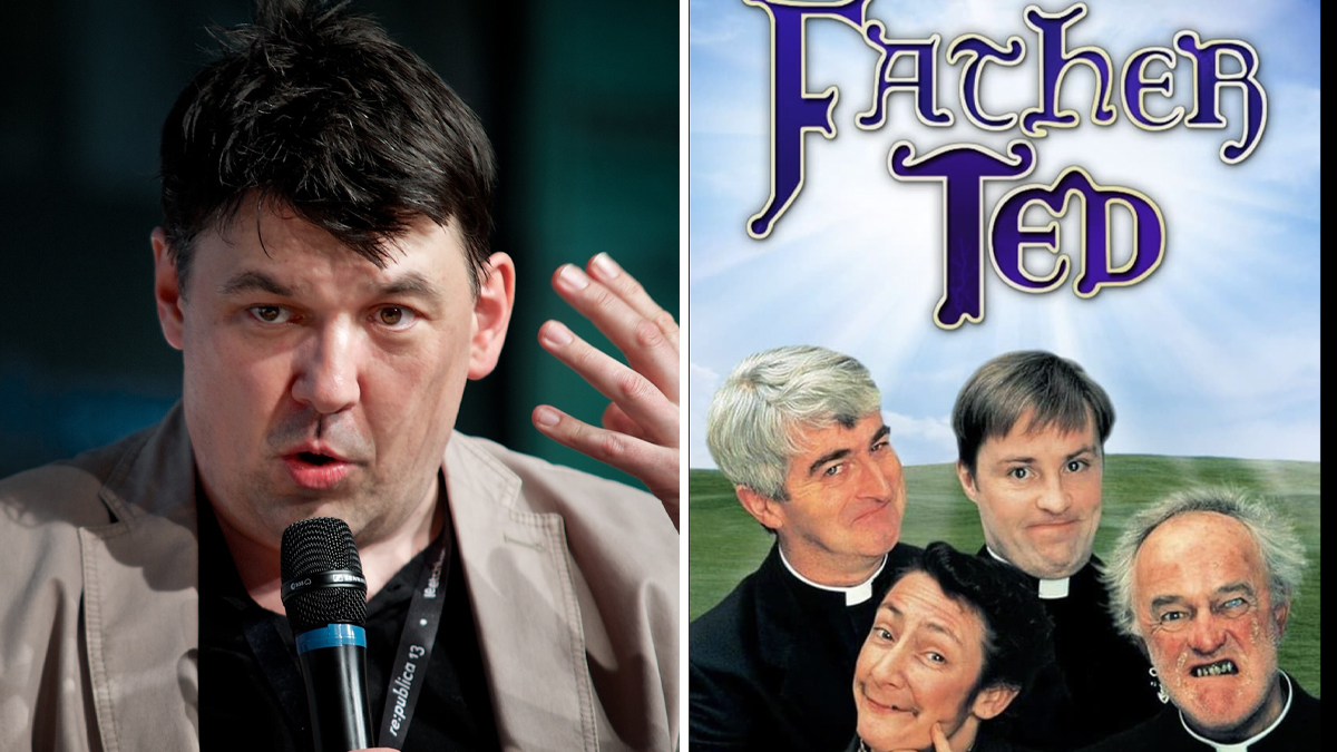 Da sinistra Graham Linenan e la locandina della serie Father Ted