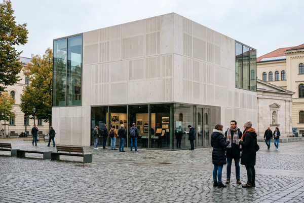 Immagine generata dall'intelligenza artificiale del centro di educazione sull'Olocausto Yad Vashem a Monaco di Baviera, con visitatori che esplorano le mostre