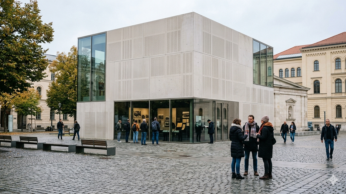 Immagine generata dall'intelligenza artificiale del centro di educazione sull'Olocausto Yad Vashem a Monaco di Baviera, con visitatori che esplorano le mostre