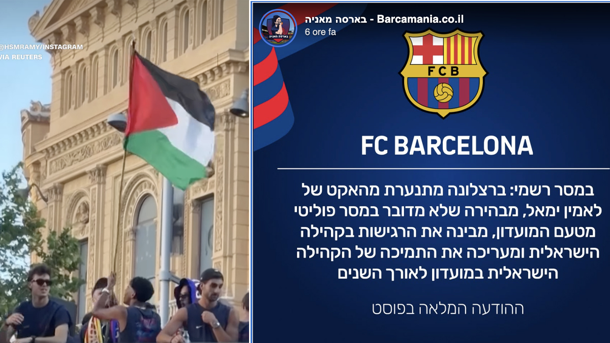 A sinistra Lamine Yamal con la bandiera palestinese e adestra il post in ebraico di scuse del FC Barcelona per i fan israeliani