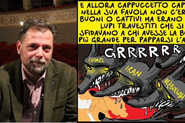 Simone Lenzi e una delle vignette della strip di Notangelo sul 7 ottobre