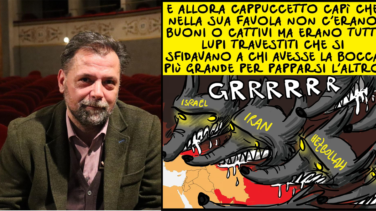 Simone Lenzi e una delle vignette della strip di Notangelo sul 7 ottobre