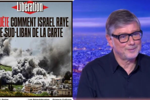 A sinistra una copertina di Liberation su israele; a destra Jean Quatremer