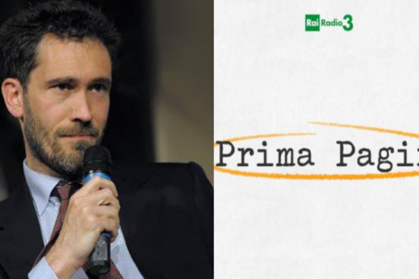 A sinistra Beda Romano, e a destra il logo di Prima Pagina in onda su Rai Radio3