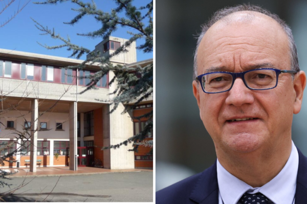 A sinistra il liceo Amaldi di Novi Ligure; a destra il ministro Giuseppe Valditara