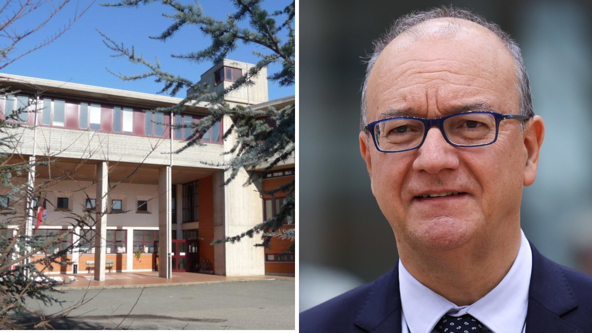 A sinistra il liceo Amaldi di Novi Ligure; a destra il ministro Giuseppe Valditara